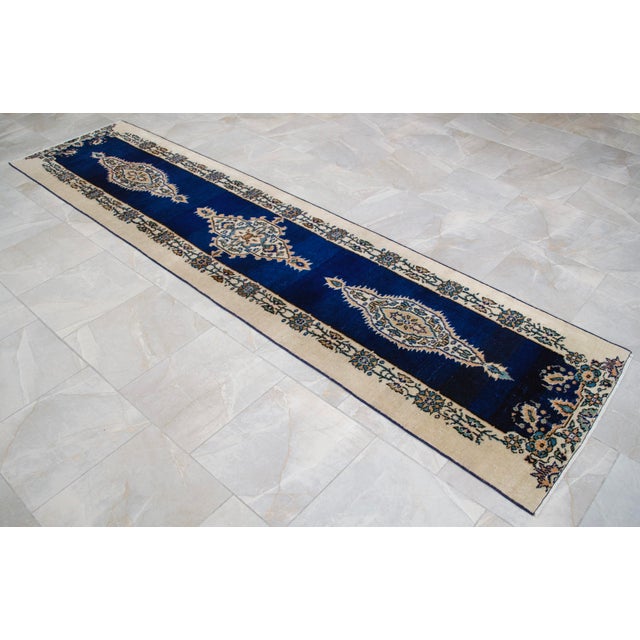 Hand-Knotted Runner Rug Navy Blue Rustik Hallway Decor Oushak Rug 3x11 Ft Approx For Sale - Image 13 of 13