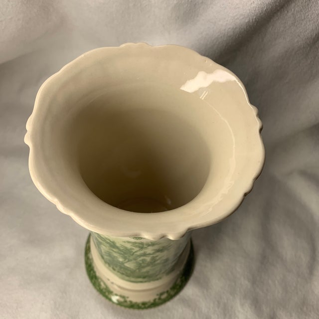 Ceramic English Style Green Toile Transferware Footed Ceramic Vase 10” French Country For Sale - Image 7 of 7
