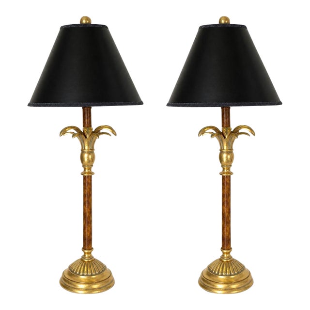 Vintage Hollywood Regency Gilt Coastal Palm Tree Table Lamps – A Pair For Sale