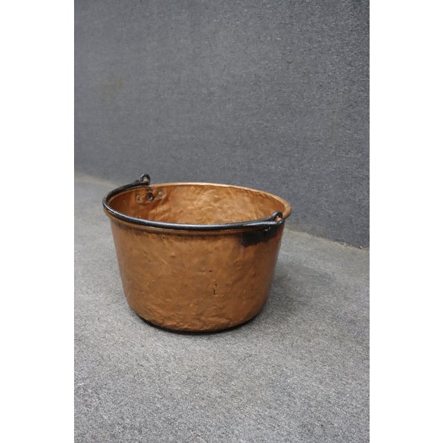 Rustic Antique Hand-Hammered Copper Apple Butter Kettle With Wrought Iron Swing Handle For Sale - Image 3 of 12