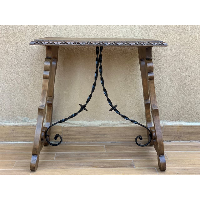 Spanish 19th Century Spanish Side Table With Hand Carved Lyre Leg and Iron Stretcher For Sale - Image 3 of 11