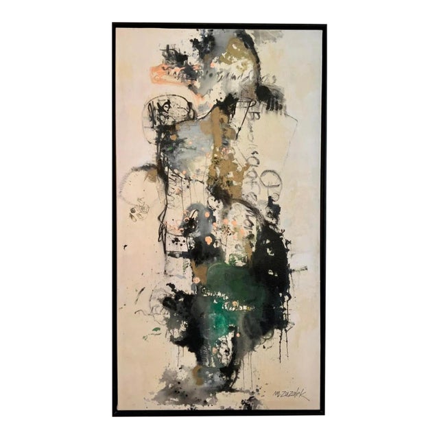 Large Mid Century Modern Abstract Framed Painting, Black Gold "Wildhorse" by Michele Zuzalek For Sale