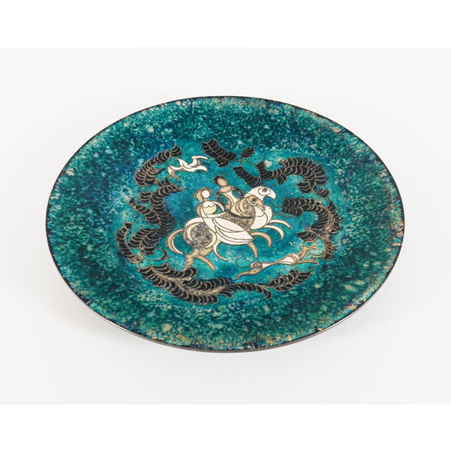 A beautiful quality cloisonné enamel bowl on brass or bronze with two highly stylised mediaeval maidens on horseback with...