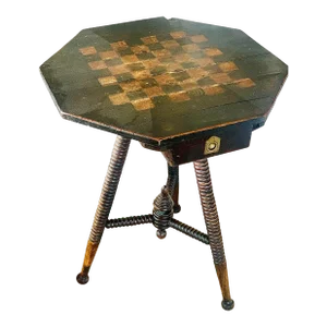 Early 19th Century English Antique Octagonal Wood Game/Chess Table With Tripod Bobbin Turned Legs
