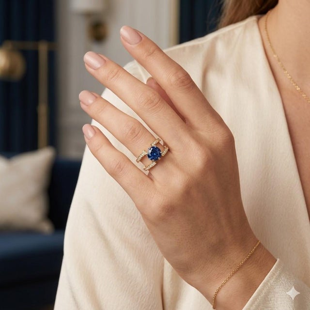 18k yellow gold ring featuring a 3.07 carat round blue sapphire. Accented with 0.70 carats of round white diamonds. Total...