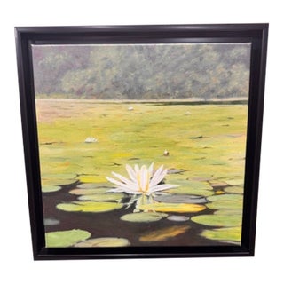 Lotus on the Pond by Kathleen Varadi, Contemporary Water Lily Landscape Painting For Sale