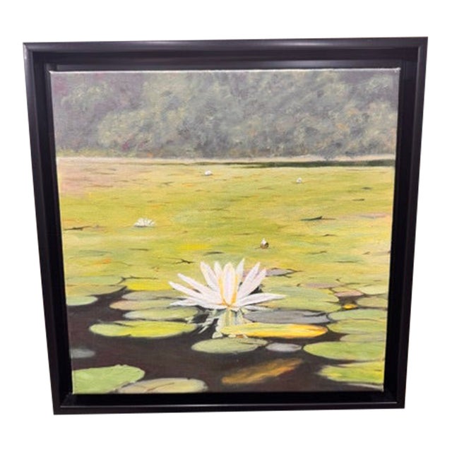Lotus on the Pond by Kathleen Varadi, Contemporary Water Lily Landscape Painting For Sale