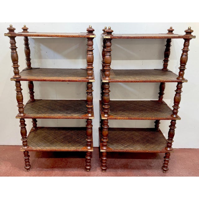 Pair of Four-Tier Anglo-Indian Leather, Brass & Rattan Étagères/ Shelves For Sale - Image 6 of 12