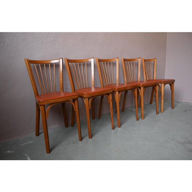 Bohemian Bistro Chairs with Spindles and Havana Orange Imitation Leather from Baumann, 1960s, Set of 5 For Sale - Image 6 of 15