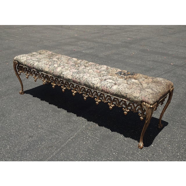Gorgeous Bench in Fair Vintage Condition. Solid and Firm. The fabric has a tear and could be replaced. Otherwise wear is...