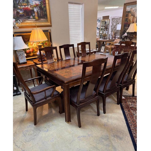 Wood Early Century Bernhardt Dining Table With 8 Chairs, Two Extension and Table Cover For Sale - Image 7 of 8