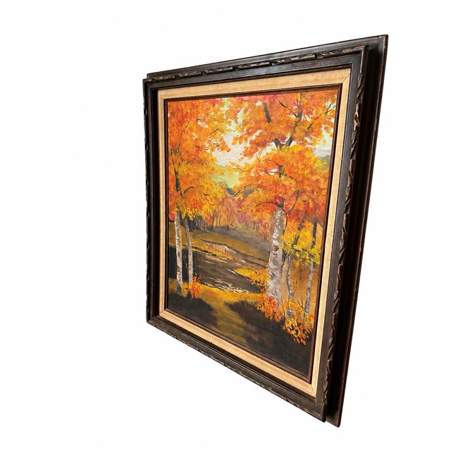 Rustic Vintage Autumn Birch Trees & Winding Creek Landscape Painting in Dark Wood Frame For Sale - Image 3 of 6