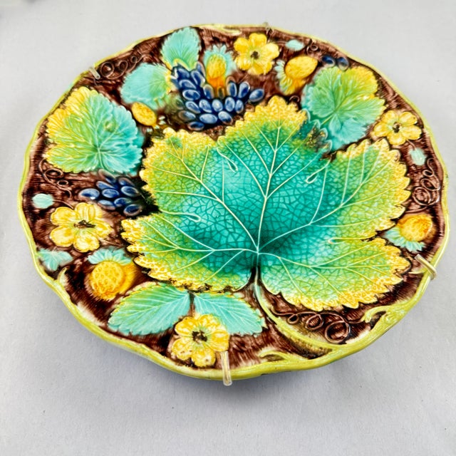 Samuel Alcock Strawberry & Grape Leaf Majolica Plates, Set of Two For Sale In Philadelphia - Image 6 of 16
