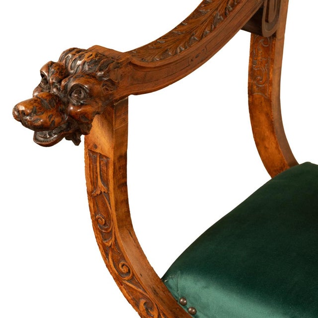 Antique Renaissance Revival Carved Walnut Green Man Savonarola Chair Circa 1890 For Sale - Image 15 of 17