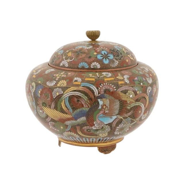 Japanese Japanese Cloisonne Enamel Covered Jar Meiji Period Phoenix Design For Sale - Image 3 of 6