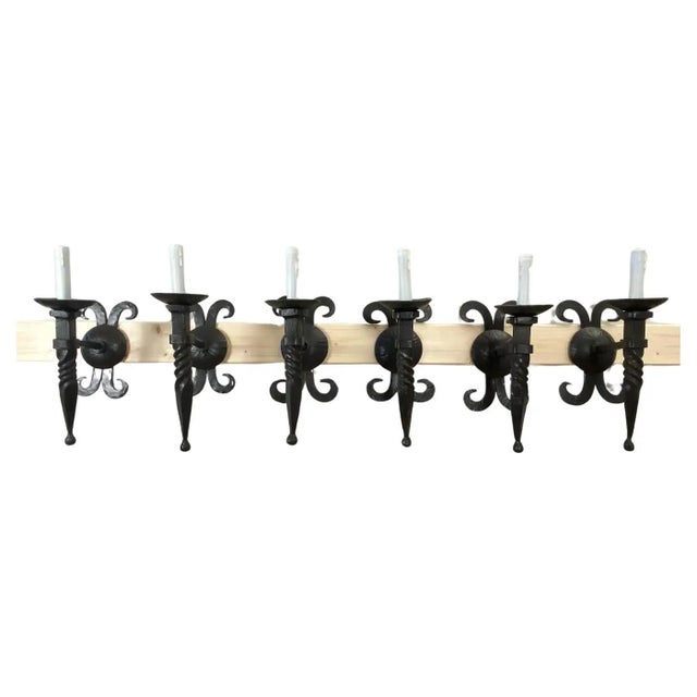 Set of 6 Spanish Colonial Hand Forged Iron Wall Sconces Att. Gilbert Poillerat For Sale - Image 13 of 13
