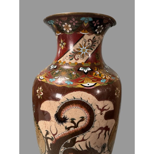 Early 20th Century Cloisonne Enameled Vase With Pheasants & Dragon For Sale - Image 9 of 11