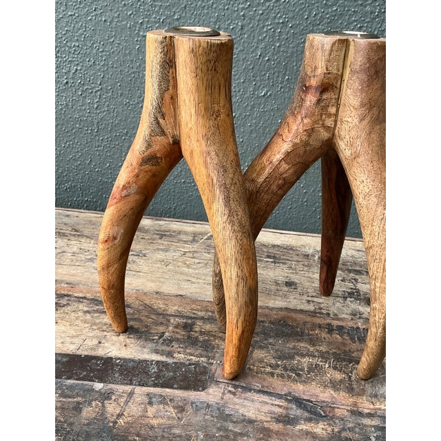 Vintage Carved Wood and Brass Antler Candlesticks - A Pair For Sale - Image 9 of 12