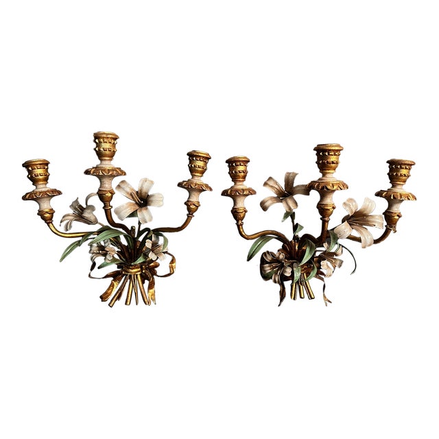 Italian Tole Floral Gilt Sconces - A Pair For Sale