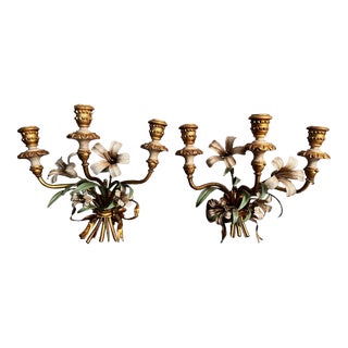Mid 20th Century Italian Tole Floral Gilt Sconces - a Pair For Sale