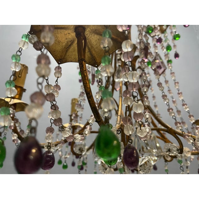Italian Florentine Tole Gilt Murano Glass Beaded 6-Light Chandelier, 1950s For Sale - Image 14 of 17