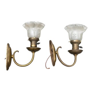 Vintage Brass Sconces With Vintage Gillinder Shade - a Pair For Sale
