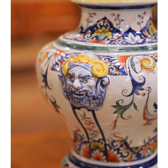 Ceramic 19th Century French Rouen Revival Faience Covered Urn With Ram Masks For Sale - Image 7 of 11