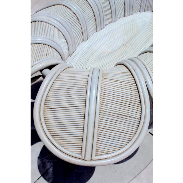 Vintage Hollywood Regency Style Flower Pencil Reed Rattan Pedestal Dining Table With Oval Glass Top For Sale - Image 13 of 18