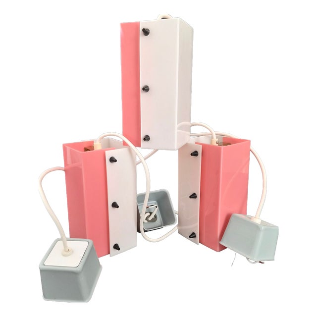 Vintage Pink and White Acrylic Glass Pendants, 1950s, Set of 3 For Sale