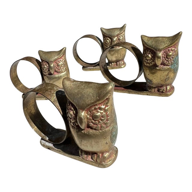 1970s Collection of Brass Owl Napkin Rings- Set of 4 For Sale