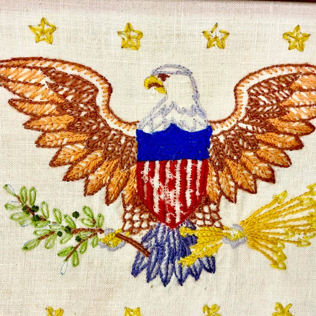 Wood 1930s Vintage Boho Chic Americana Patriotic Eagle Needlepoint Yarn Sampler, Framed For Sale - Image 7 of 11