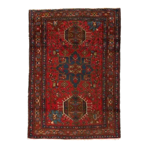 Vintage Persian Karaja Red Navy Blue Tribal Geometric Rug c. 1940s 3.3 x 4.8 ft