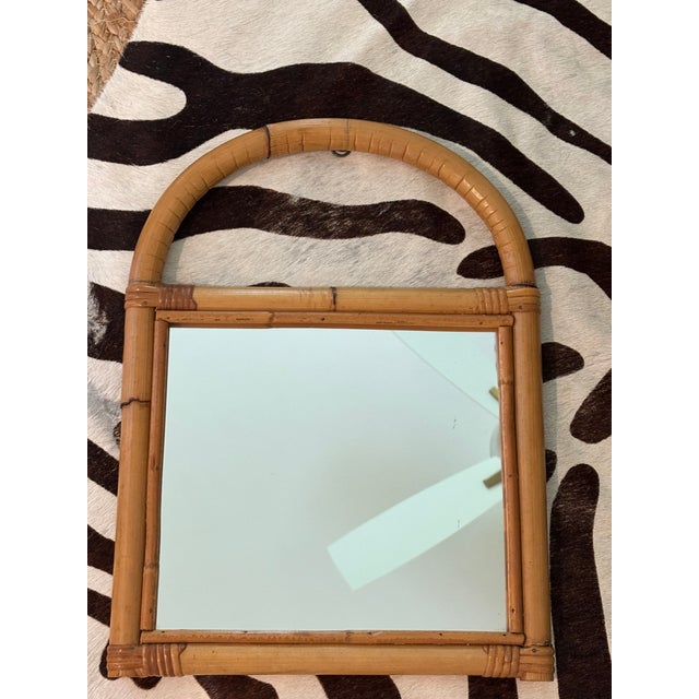 Wood Vintage Petite Arched Rattan & Bamboo Wall Mirror For Sale - Image 7 of 12
