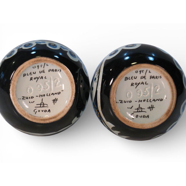1950s Pair Vases Gouda Pottery Bleu Du Paris, Royal Zuid Holland MCM For Sale - Image 4 of 11
