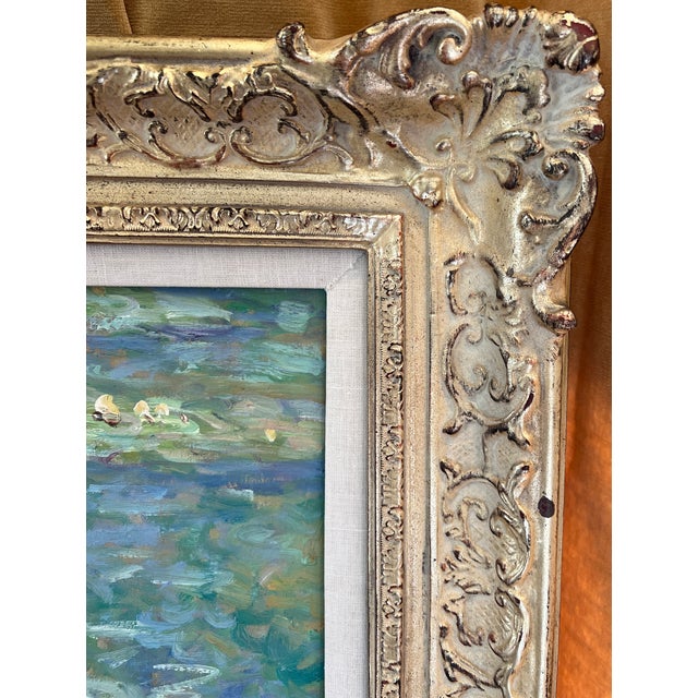 1980s Signed Oil Painting, Style of Monet's Water Lilies With Gold Ornate Frame For Sale - Image 12 of 18