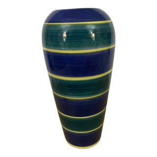 Vintage MCM Ceramic Portugal Handpainted 8” Tall Blue Green Yellow Stamped Vase For Sale