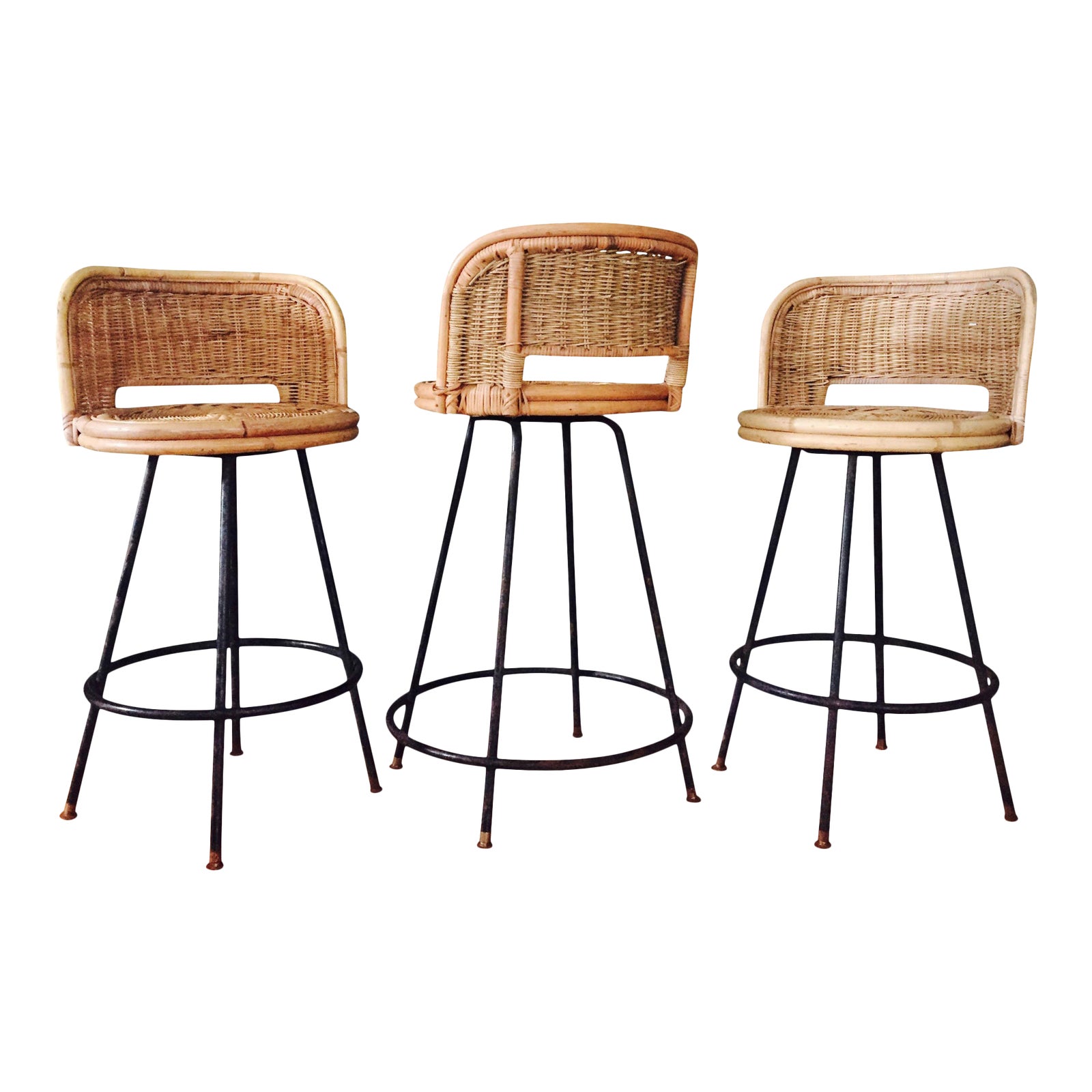 Mid Century Rattan Wrought Iron Swivel Counter Height Bar Stools Set Of 3 Chairish