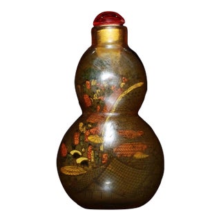 Mid 20th Century Hand-Painted Interior Glass Snuff Bottle, Gourd Shape, Qingming Riverside Scene, Asian Decor Accent For Sale