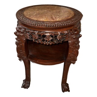 Late 19th Century Chinese Carved Wood Foo Dog and Red Marble Plant Stand/Side Table For Sale