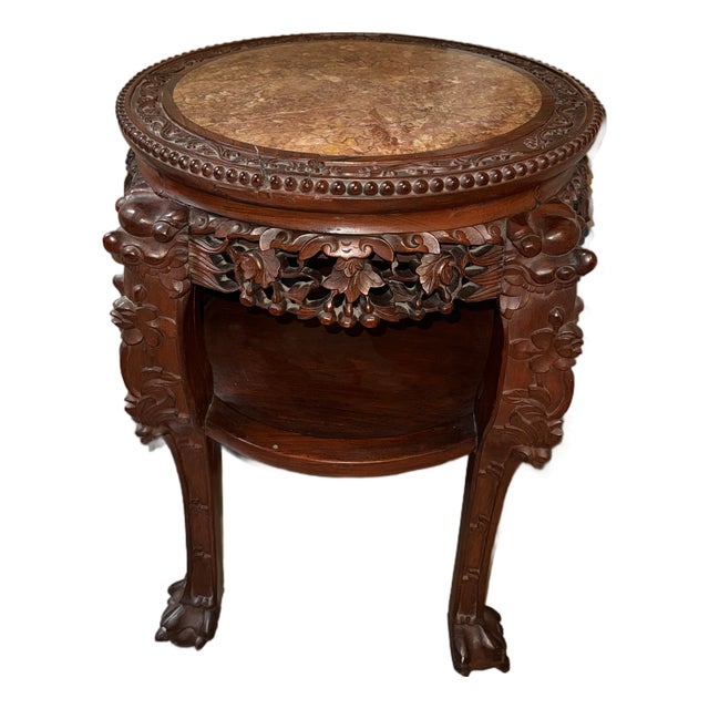 Late 19th Century Chinese Carved Wood Foo Dog and Red Marble Plant Stand/Side Table For Sale