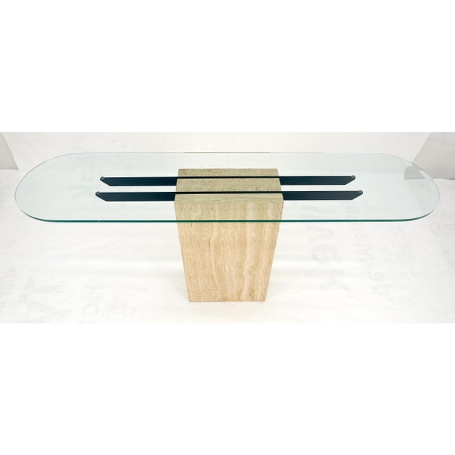 Italian c1970s Mid Century Modern Glass Top Single Travertine Base Console Table