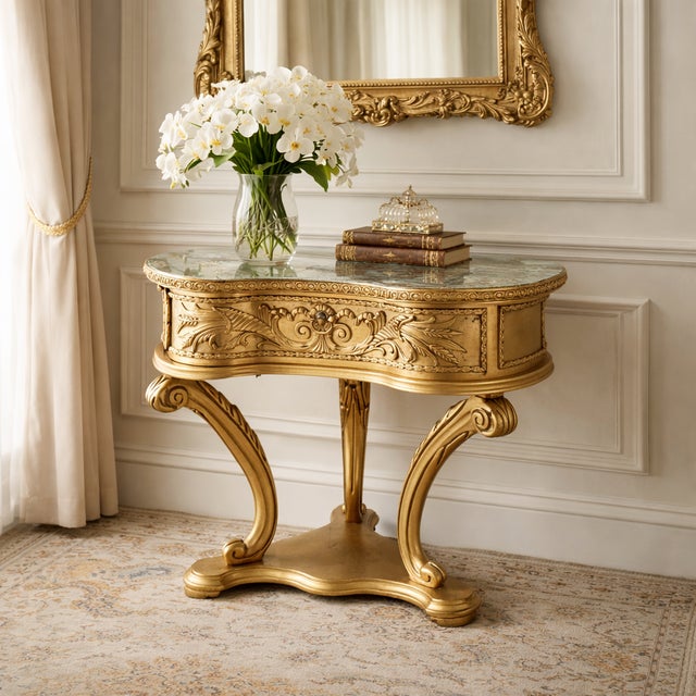 Hollywood Regency Ornate Gilt Kidney Side Table With Drawer and Églomisé-Style Top For Sale In Chicago - Image 6 of 14