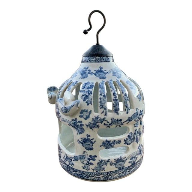 Large Blue & White Chinoiserie Ceramic Birdcage Sculpture With Perched Birds For Sale - Image 4 of 10