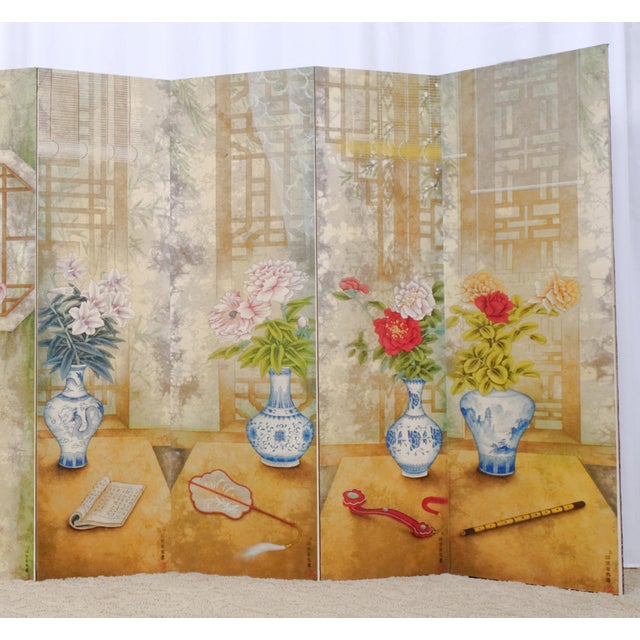 Modern Chinese Style 8-Panel Byobu Folding Divider Screen With Home Interior Design Late 20th Century in Excellent Condition For Sale - Image 4 of 6