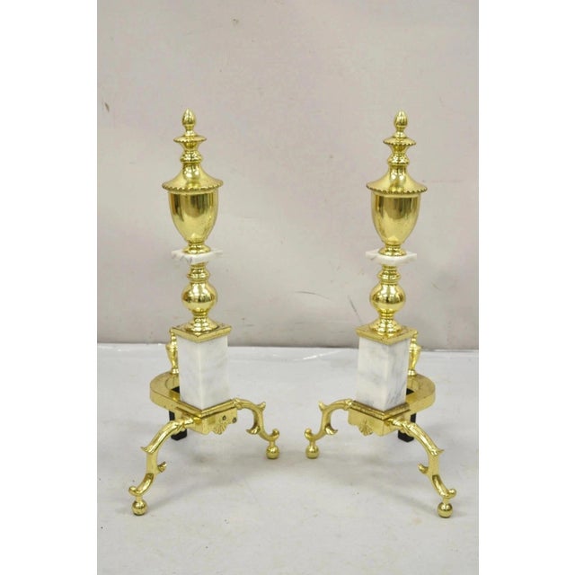 Vintage Brass Urn & Marble Federal Style Branch Leg Fireplace Andirons - a Pair. Circa Mid 20th Century. Measurements:...