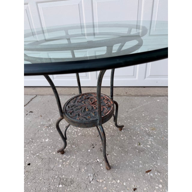 Metal Vintage Glass Top Wrought Iron Bistro Table For Sale - Image 7 of 12