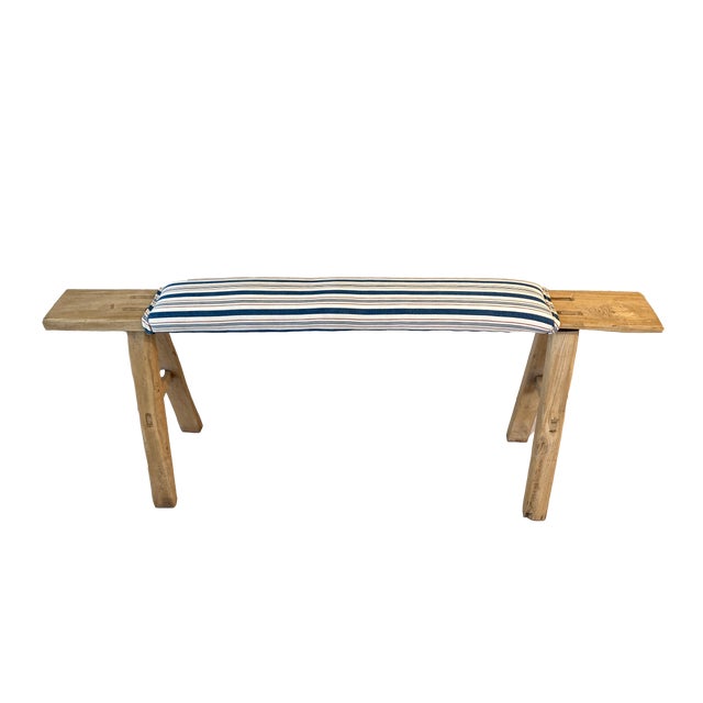 Rustic Em Long Bench W/French Ticking Upholstery For Sale - Image 10 of 10