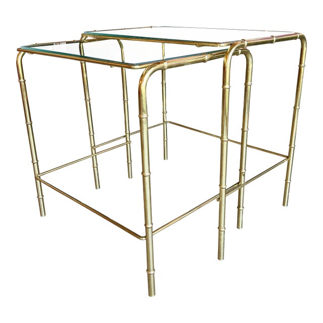 Vintage Mid Century Modern Faux Bamboo Brass Glass Nesting Tables Set 1970s Hollywood Regency For Sale