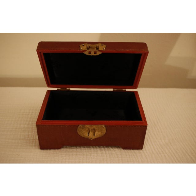 Genuine Leather Vintage Chinese Box With Brass Hardware and Black Silk Lining For Sale - Image 6 of 12