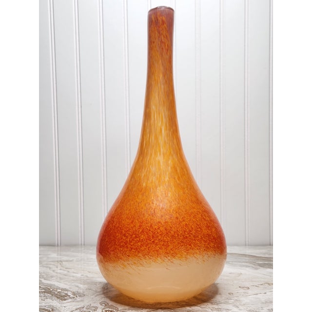 Mid-Century Modern Large Mid-Century Modern Hand-Blown Art Glass Vase Amber, Cream & Aubergine Rim 16” For Sale - Image 3 of 12